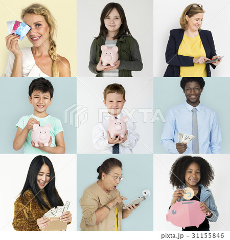 Diverse people saving piggybank collection set Diverse people saving piggybank collection set 31155846