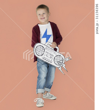 Portrait of a Little Blond Caucasian Boy with a Radio Isolated Portrait of a Little Blond Caucasian Boy with a Radio Isolated 31156396
