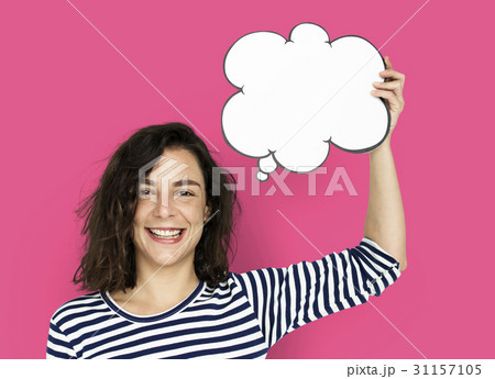 Woman Hold Blank Speech Bubble Copy Space 31157105