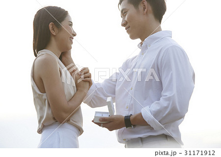 A man is holding a ring box and touching his girlfriend's cheek. 31171912