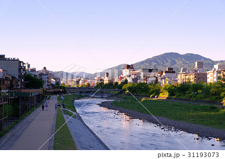 京都鴨川 夕暮れ時　新緑の季節の四条大橋　中望遠 31193073