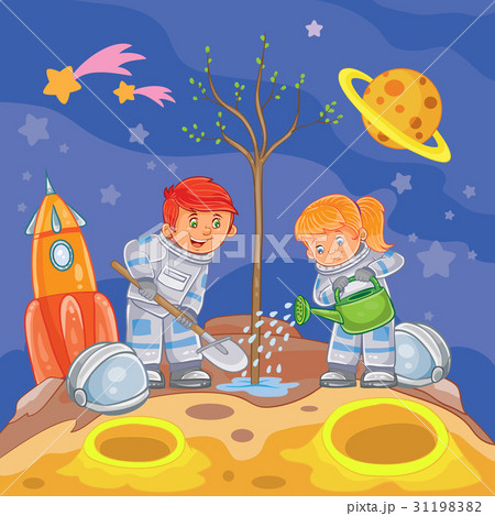 Little boy and girl astronauts planting a tree 31198382