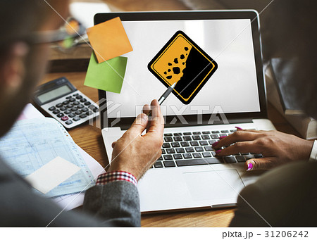 Business People Discussion Rockfall Beware Sign on Laptop Business People Discussion Rockfall Beware Sign on Laptop 31206242