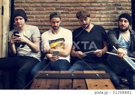 Adult Men Sit Together Use Mobile Phone 31208881