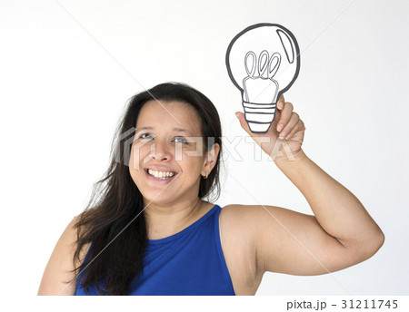 Woman Smiling Happiness Paper Craft Arts Light Bulb Ideas Studio Portrait Woman Smiling Happiness Paper Craft Arts Light Bulb Ideas Studio Portrait 31211745