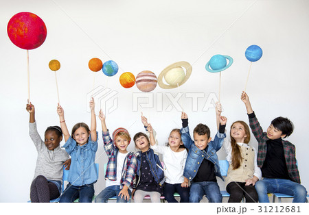 Happiness group of cute and adorable children with solar system in universe Happiness group of cute and adorable children with solar system in universe 31212681