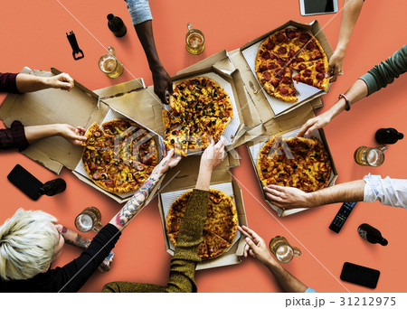 Group of poeple enjoy the italian cuisine pizza Group of poeple enjoy the italian cuisine pizza 31212975