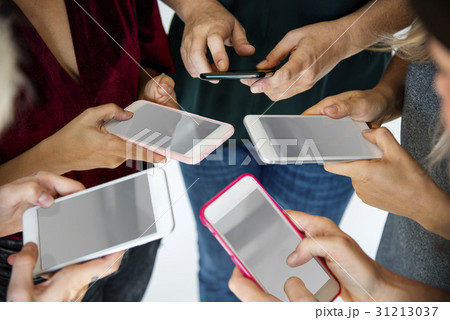 Hands Hold Blank Mobile Phone Together Copy Space 31213037