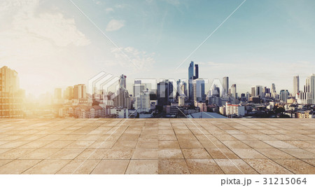 Panoramic city view in sunrise with wood floor 31215064