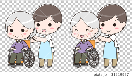 老人 高齢者 車椅子 介護士 看護師 笑顔 イラストのイラスト素材