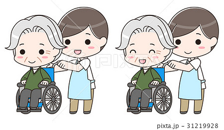 老人 高齢者 車椅子 介護士 看護師 笑顔 イラストのイラスト素材