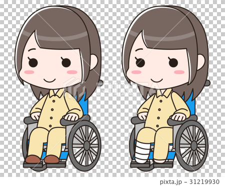 图库插图 一名女子穿着绷带断腿,扭伤,受伤,住院和坐轮椅.