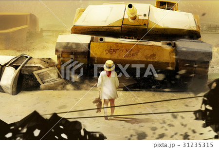 Little girl in hat walking towards moving tank. Little girl in hat walking towards moving tank. 31235315