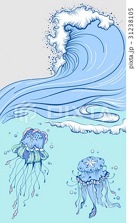 Blue high wave with foam cap. Two jellyfish in sea 31238105