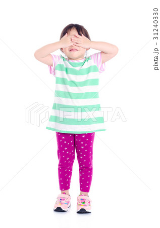 Little girl cover her eyes by hands over white Little girl cover her eyes by hands over white 31240330