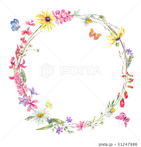 Watercolor round frame with wildflowers Watercolor round frame with wildflowers 31247986