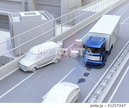 高速道路の落下物を回避したトラック。障害物回避支援のコンセプトイメージ 高速道路の落下物を回避したトラック。障害物回避支援のコンセプトイメージ 31257347