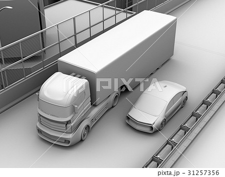 車線変更しようとしているトラックの死角にクルマが走行中のグレーシェーディングイメージのイラスト素材