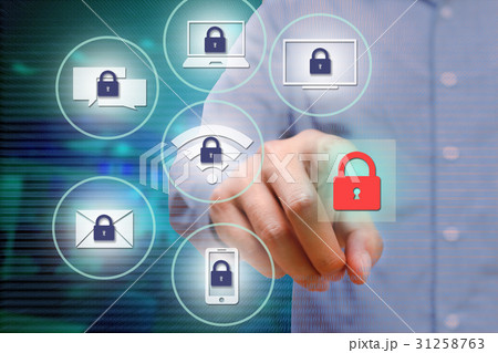 Businessman pressing red security lock button. Businessman pressing red security lock button. 31258763