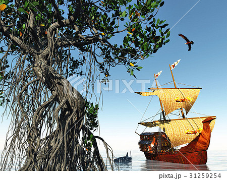 Pirate ship at magical evening on the ocean 3d 31259254