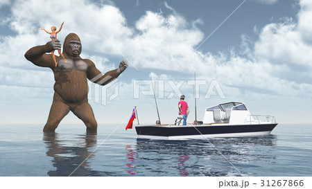 Huge gorilla, woman in his hand and fishing boat 31267866