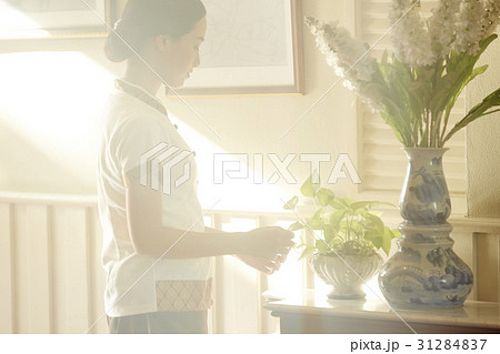 The girl is arranging flower pots in hotel 31284837