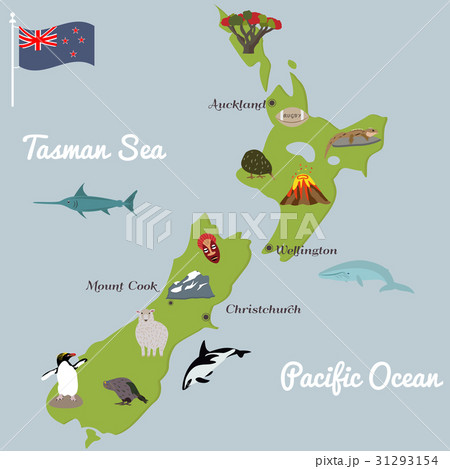 New Zealand tourist map with famous landmarks. 31293154