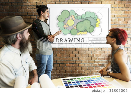 Workers working on white board network graphic overlay 31305002