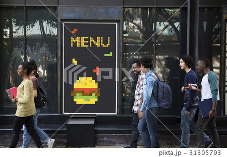 People with advertisement of 8 bit illustration of tasty burger meal 31305793