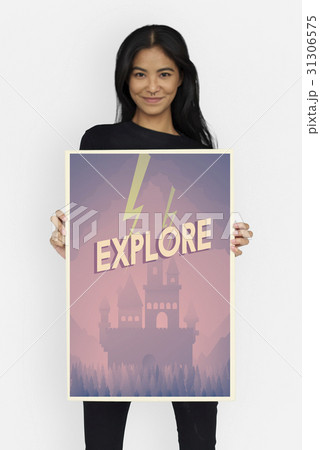 Woman holding network graphic overlay banner 31306575