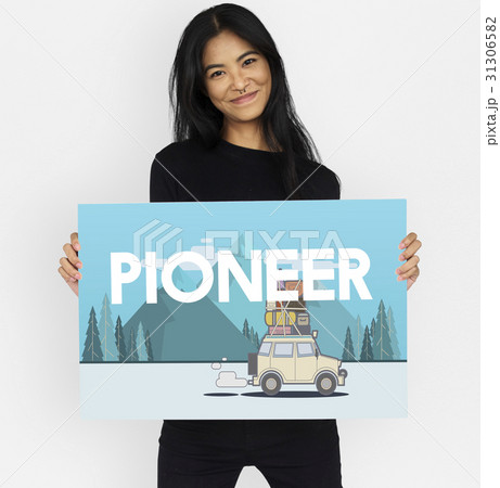 Woman holding illustration of discovery journey road trip traveling banner 31306582