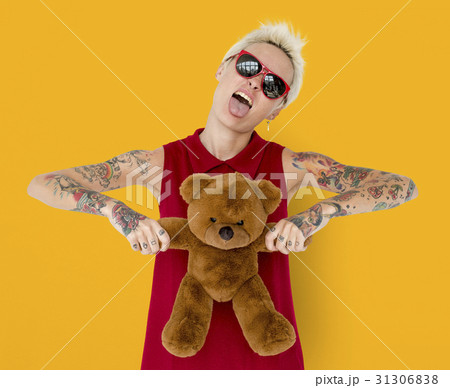Caucasian Blonde Woman Tattoo Teddy Bear 31306838