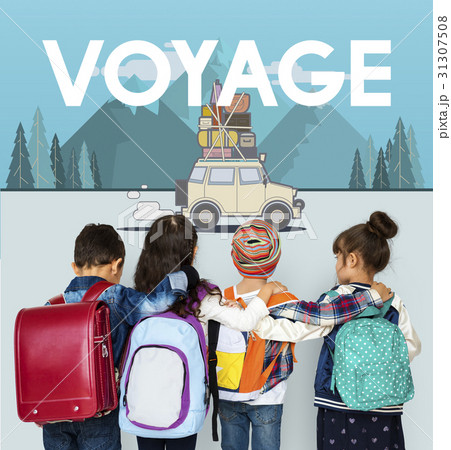 Children with illustration of discovery journey road trip traveling Children with illustration of discovery journey road trip traveling 31307508