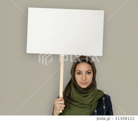 Arabian Woman Face Covered with Hijab Holding Board Sign Studio Portrait 31308122