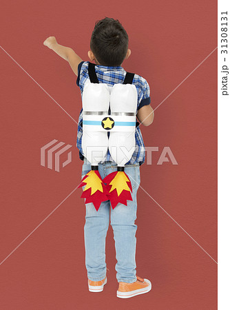 Little Boy Enjoying Toy Rocket Imagination Studio Portrait Little Boy Enjoying Toy Rocket Imagination Studio Portrait 31308131