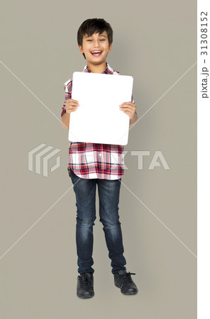 Little Boy Holding Blank Paper Board Studio Portrait Little Boy Holding Blank Paper Board Studio Portrait 31308152