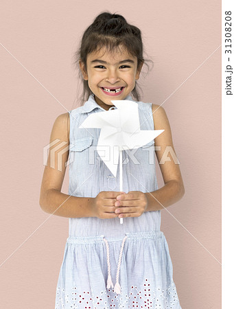 Little Girl Hands Holding Paper Wind Mill Studio Portrait 31308208
