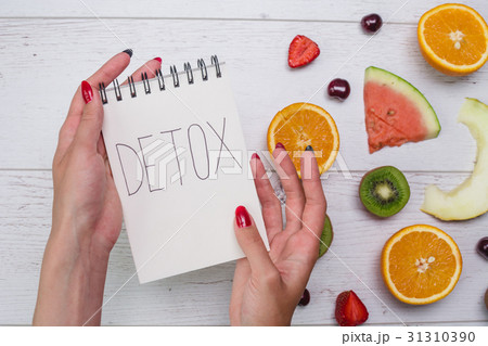 Top view of girl's hands, placed on white desktop 31310390
