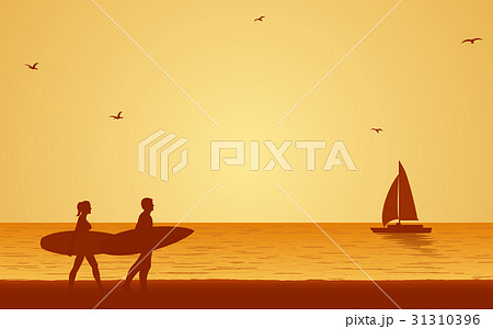 Silhouette couple surfer carrying surfboard Silhouette couple surfer carrying surfboard 31310396