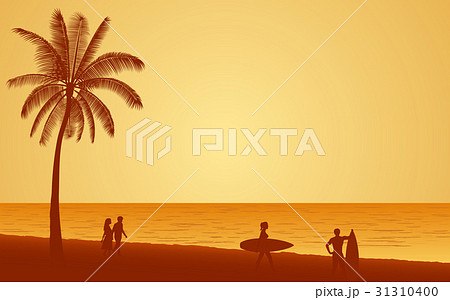 Silhouette people with surfboard on beach 31310400