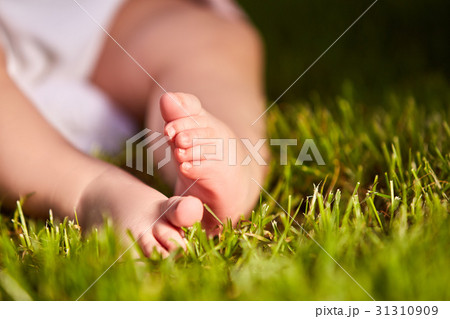 Small baby feet on the green grass at summer 31310909