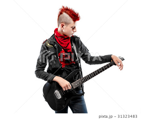Boy with red mohawk and guitar 31323483