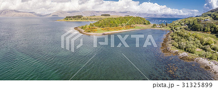Aerial of secret beach by Portnacroish, Argyll 31325899