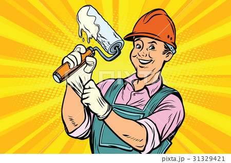 Construction worker with roller for paint 31329421