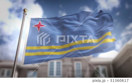 Aruba Flag 3D Rendering on Blue Sky Building Aruba Flag 3D Rendering on Blue Sky Building 31360617