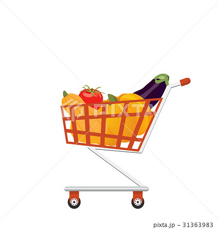 Supermarket full shopping trolley cart with fresh grocery products.  31363983