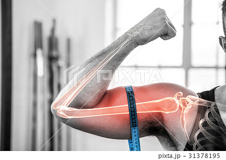 Highlighted arm of man measuring biceps Highlighted arm of man measuring biceps 31378195