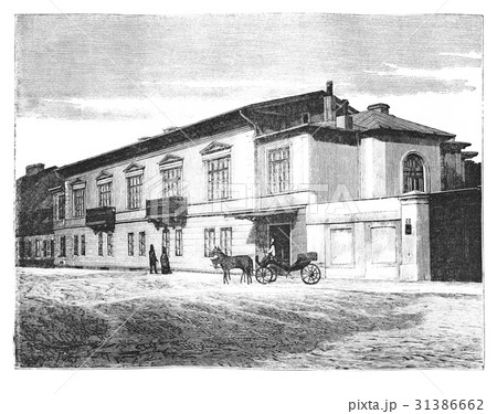 horse carriage in front of building horse carriage in front of building 31386662