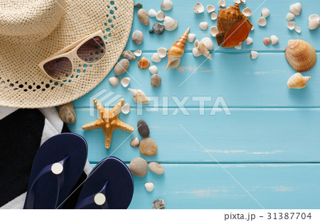 Vacation background on blue wood, top view with Vacation background on blue wood, top view with 31387704
