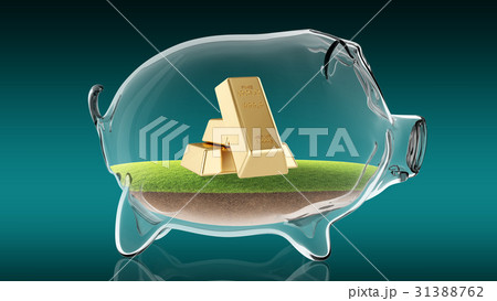 Golden bars inside transparent piggy bank. 3d 31388762